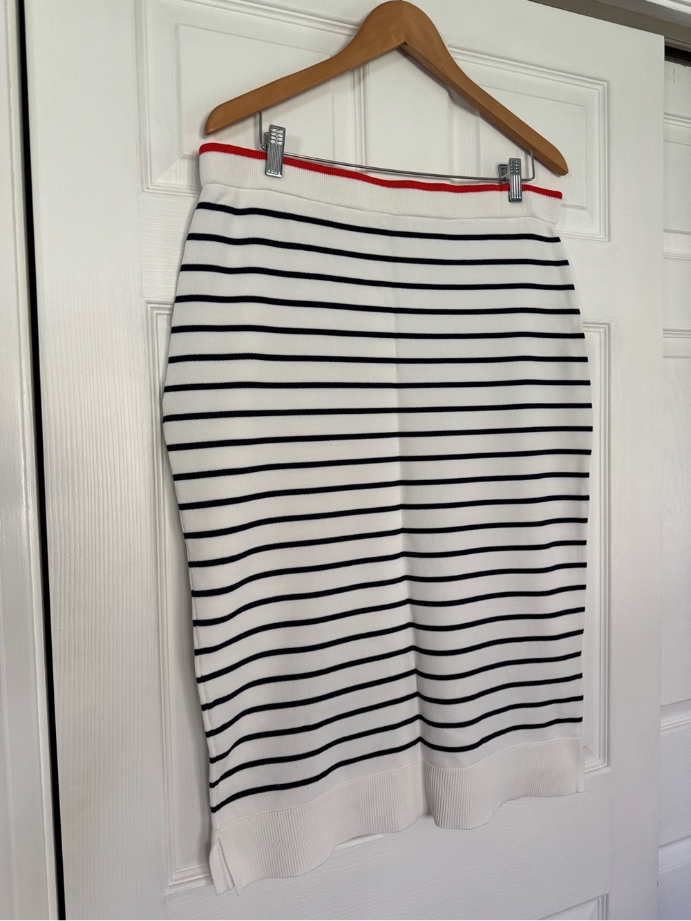 Classic White & Navy Striped Pencil Skirt with Coral Trim
